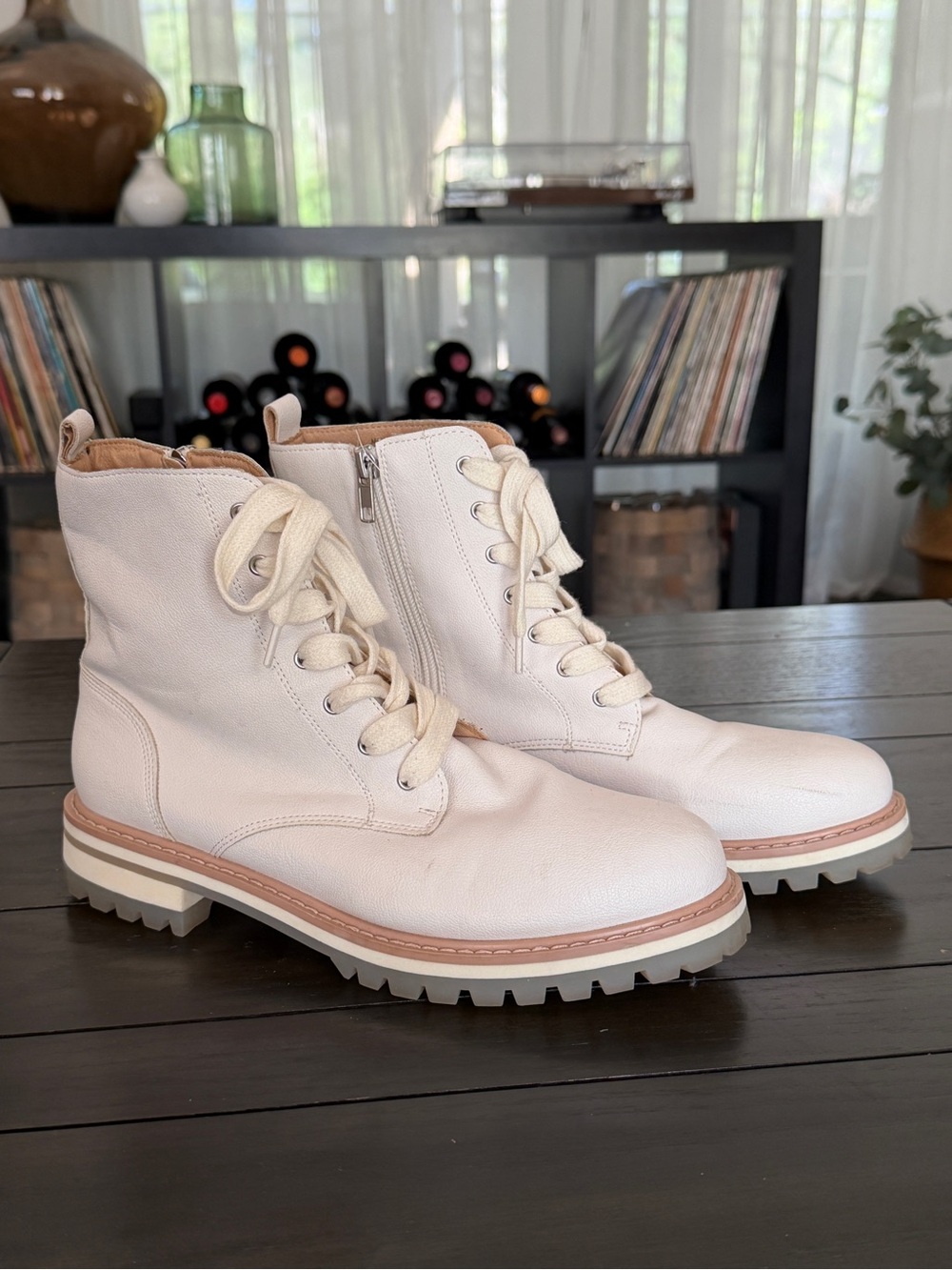 Oasis Society Cream Lace-Up Leather Combat Boots